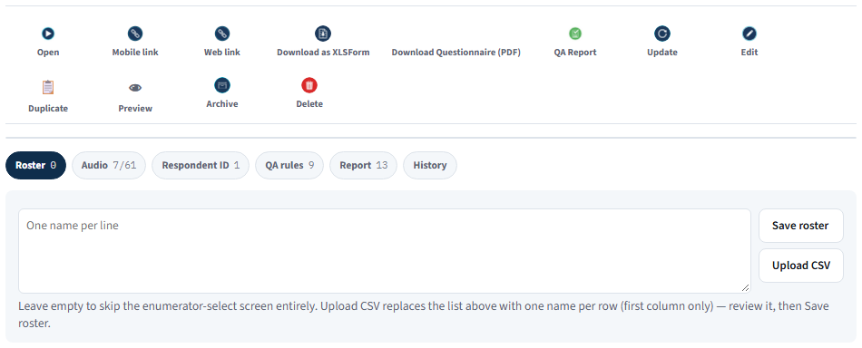 A form's toolbar and configuration tabs